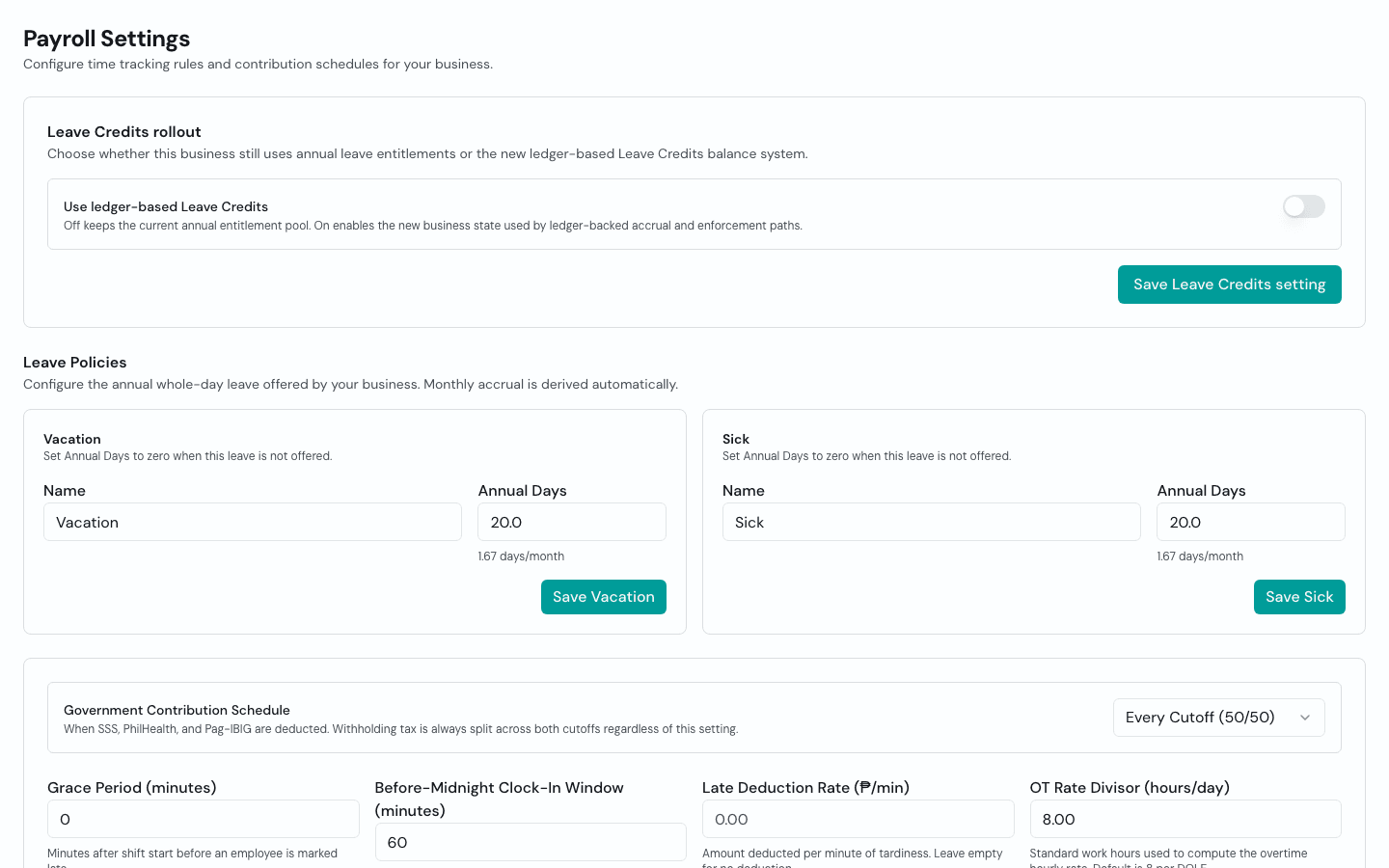 Timekeep payroll settings for configuring pay and deduction timing