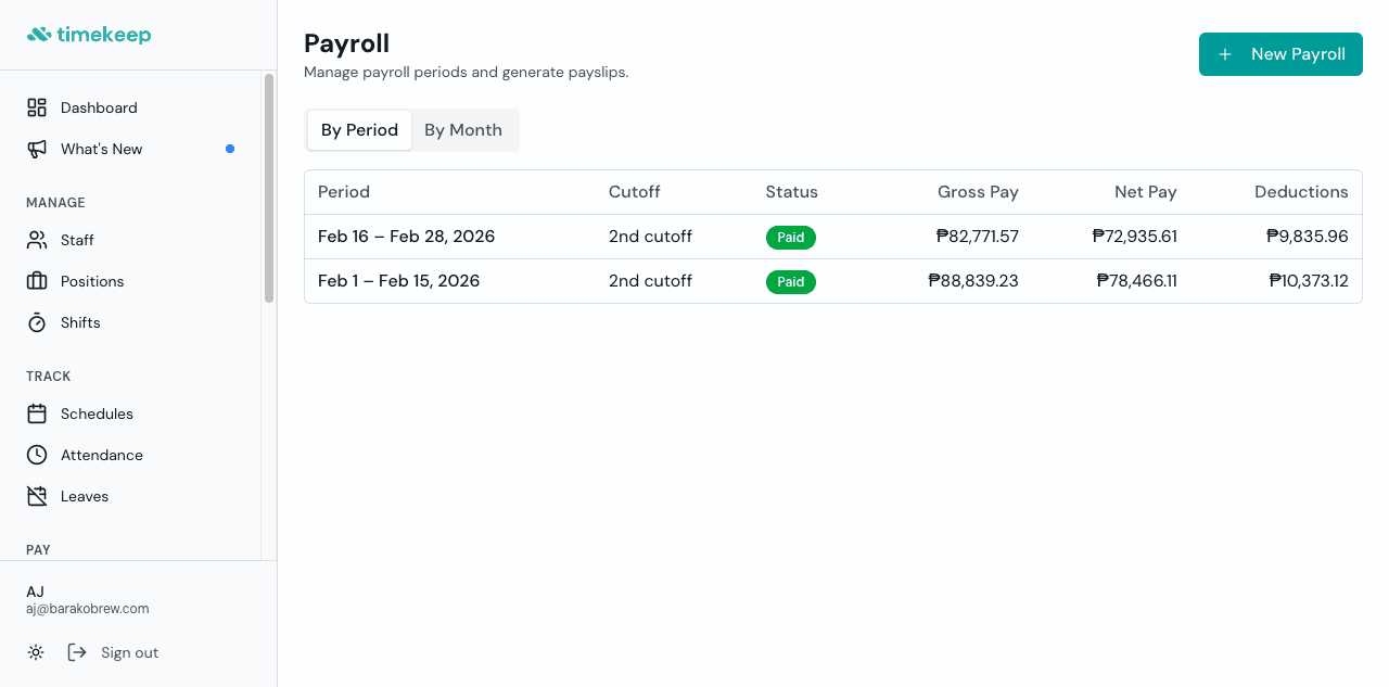 Timekeep create payroll dialog showing cutoff selection and date range