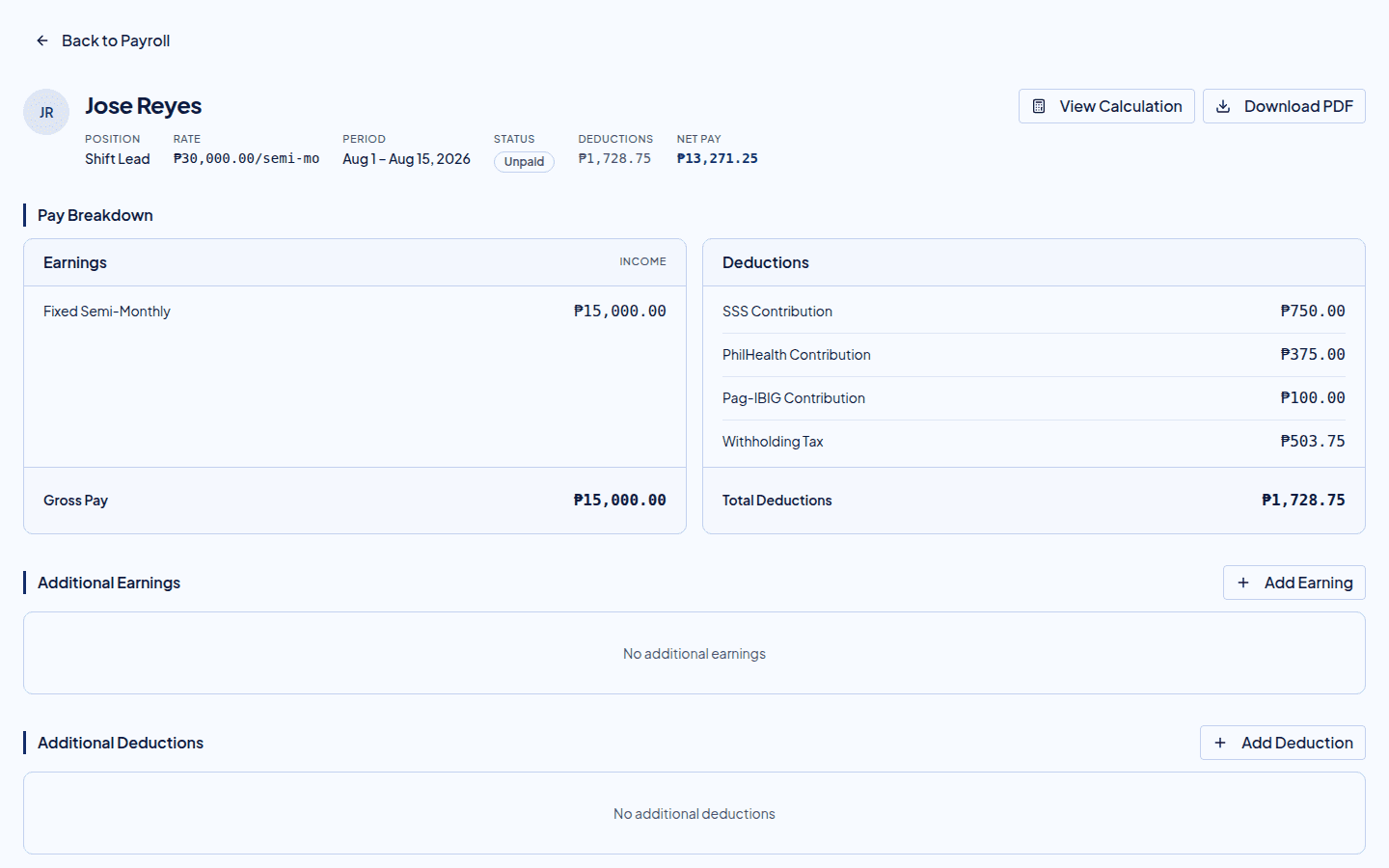 Timekeep payslip showing itemized earnings and deductions