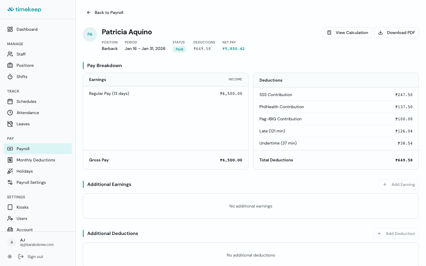 Payslip showing earnings and deductions breakdown