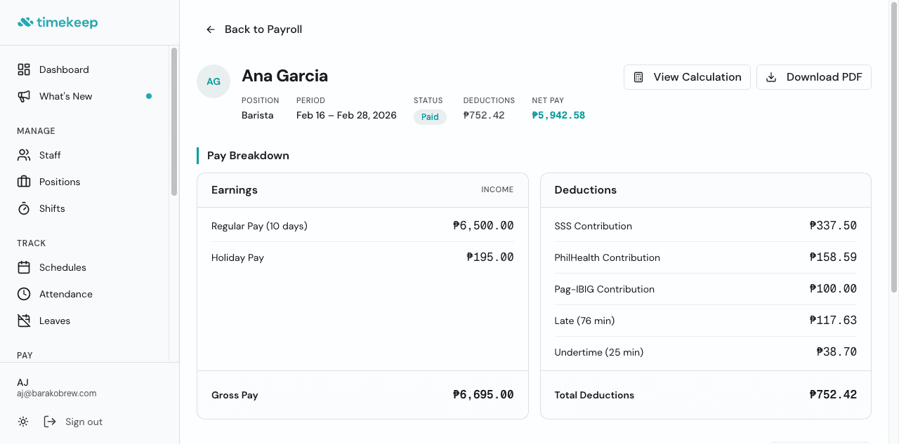 Individual payslip showing earnings and deductions breakdown