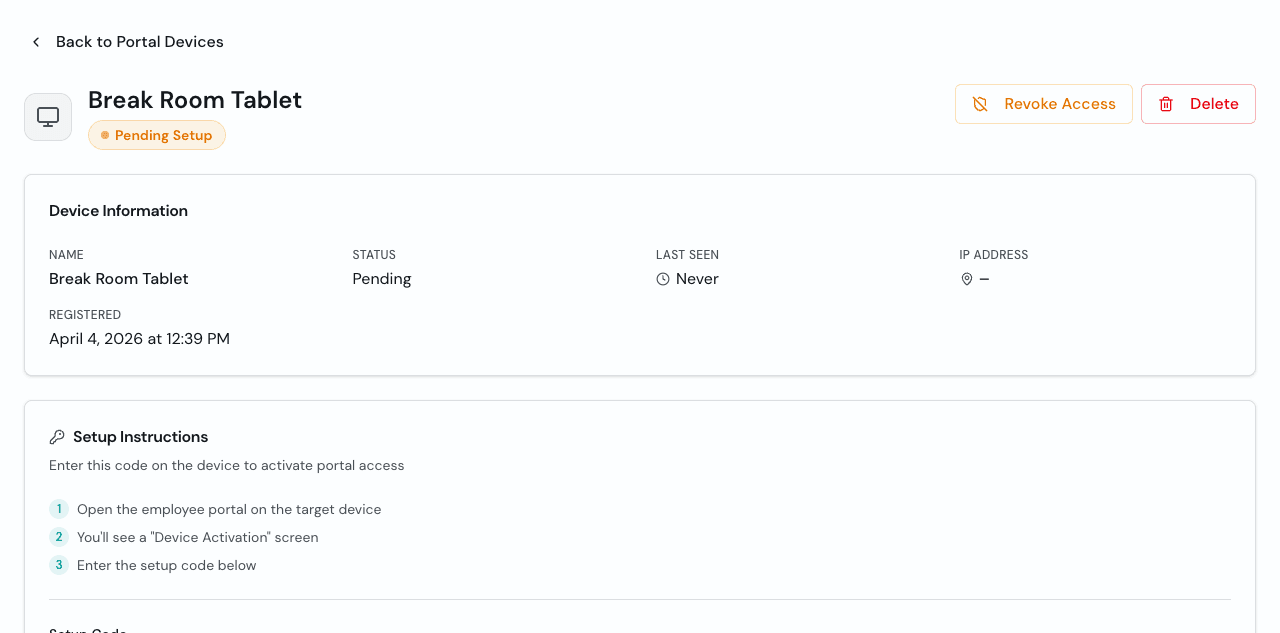 Device detail page showing the setup code
