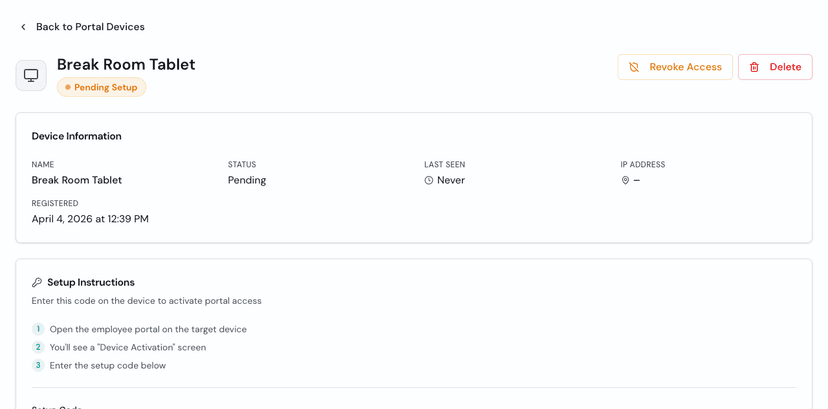 Device detail page showing the setup code