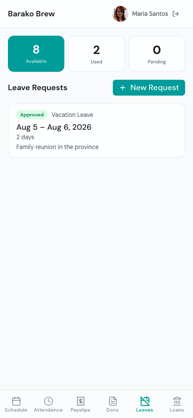 Employee portal leave balances and requests