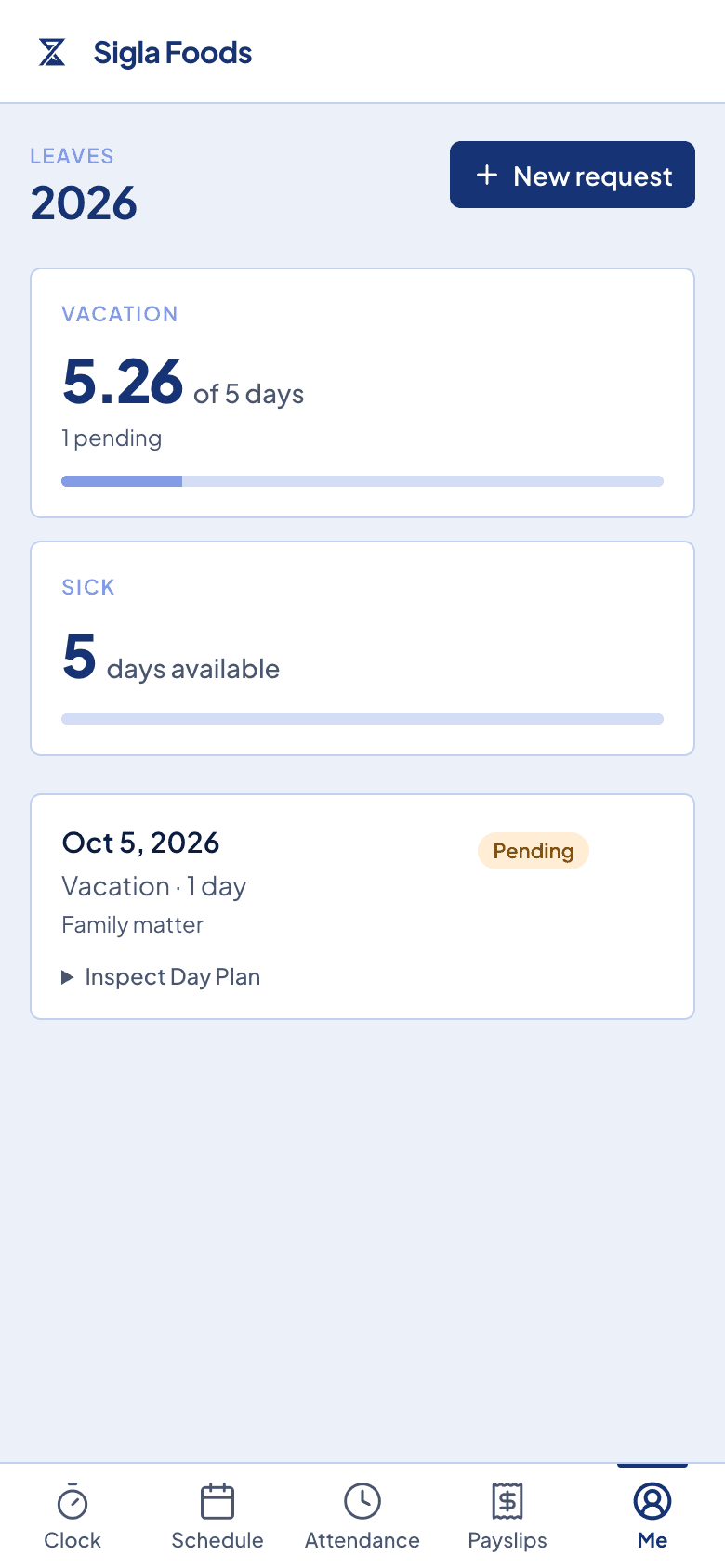 The employee portal on a phone, showing leave requests and the days left