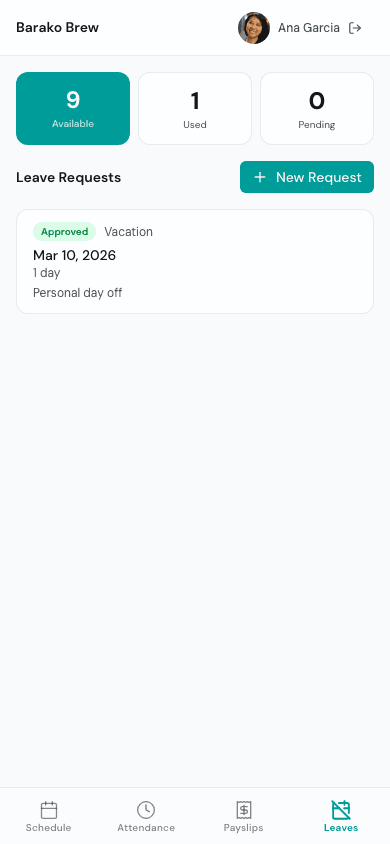 Timekeep employee portal leaves page showing leave balance and request history