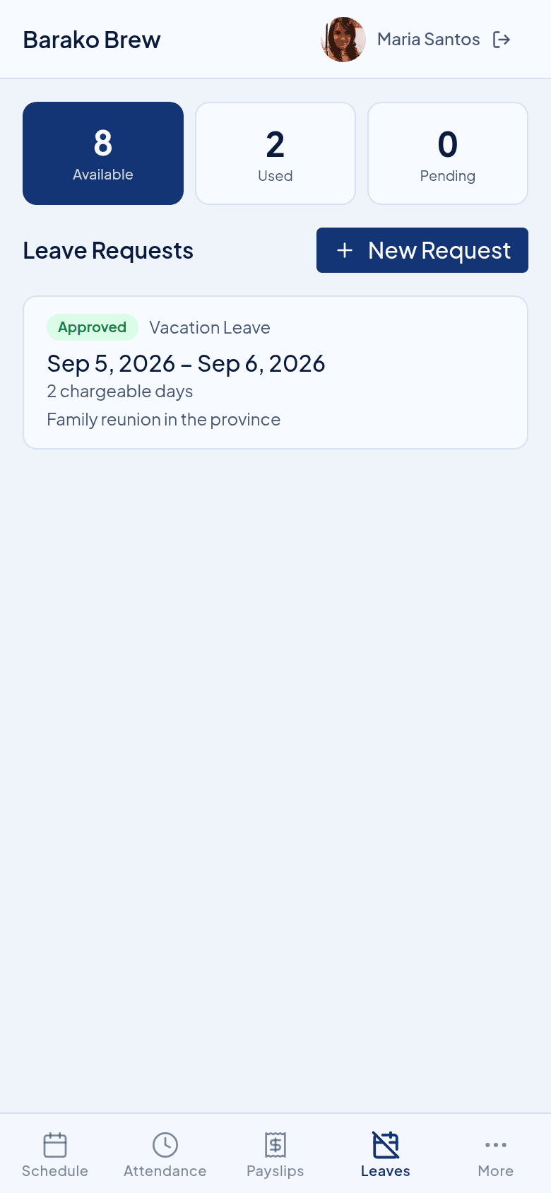 Timekeep employee portal leaves page showing leave balance and request history