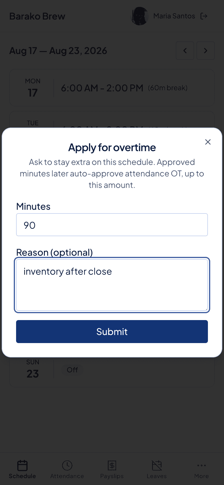 Employee portal form for applying overtime on a scheduled work day