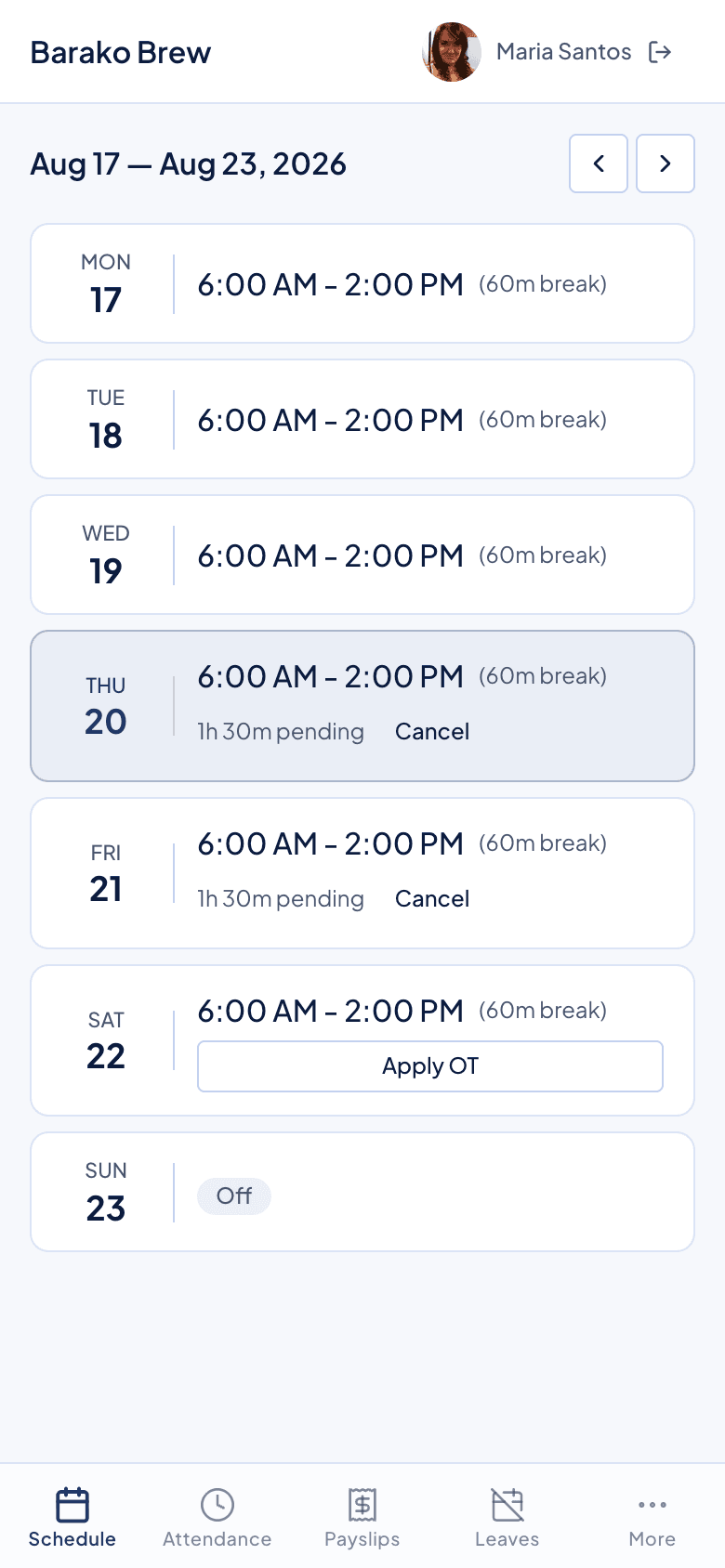 Portal schedule showing 1 hour 30 minutes of overtime pending on a work day