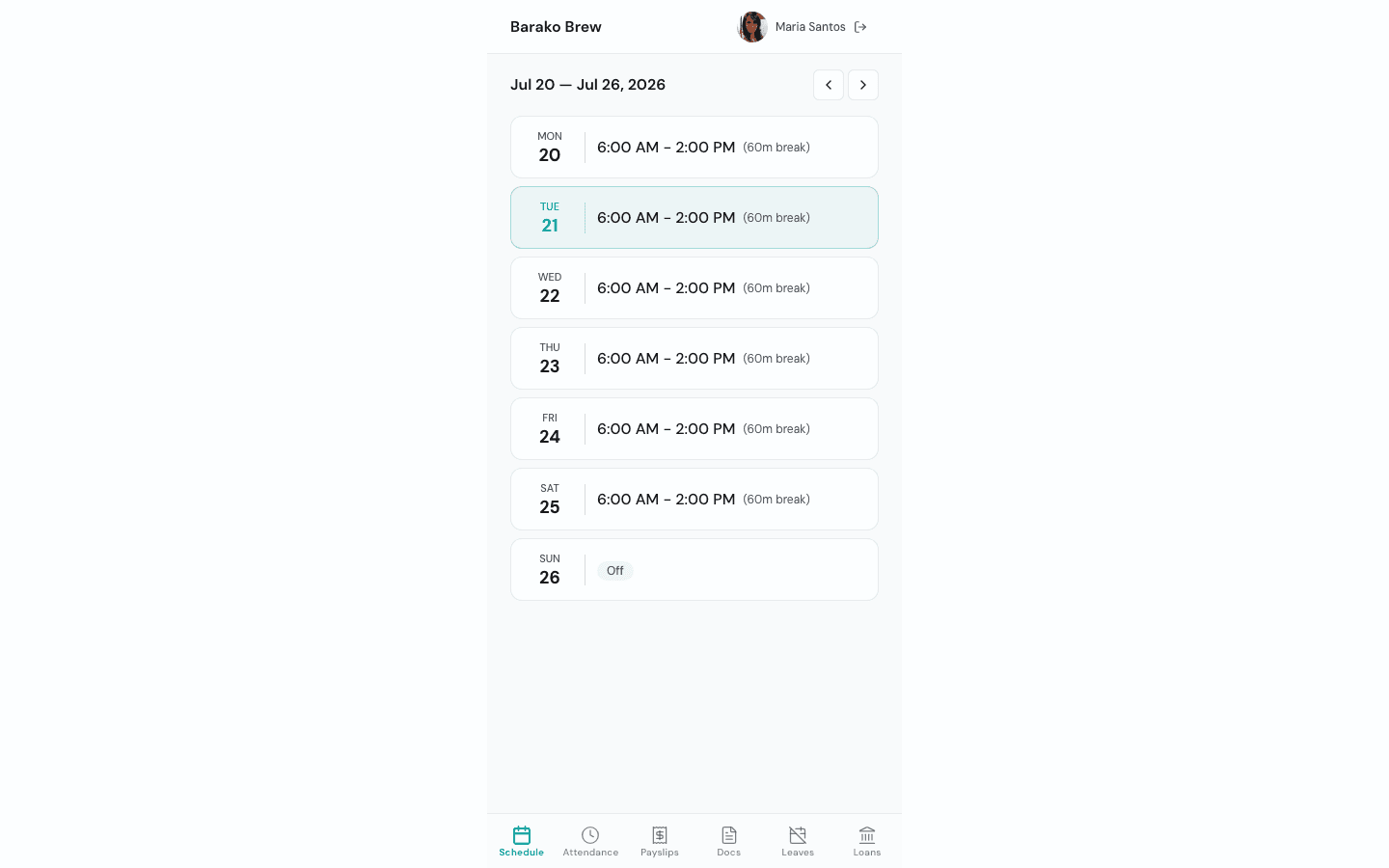 Let your team check their own schedules and payslips