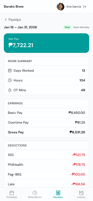 Employee portal payslip view on mobile