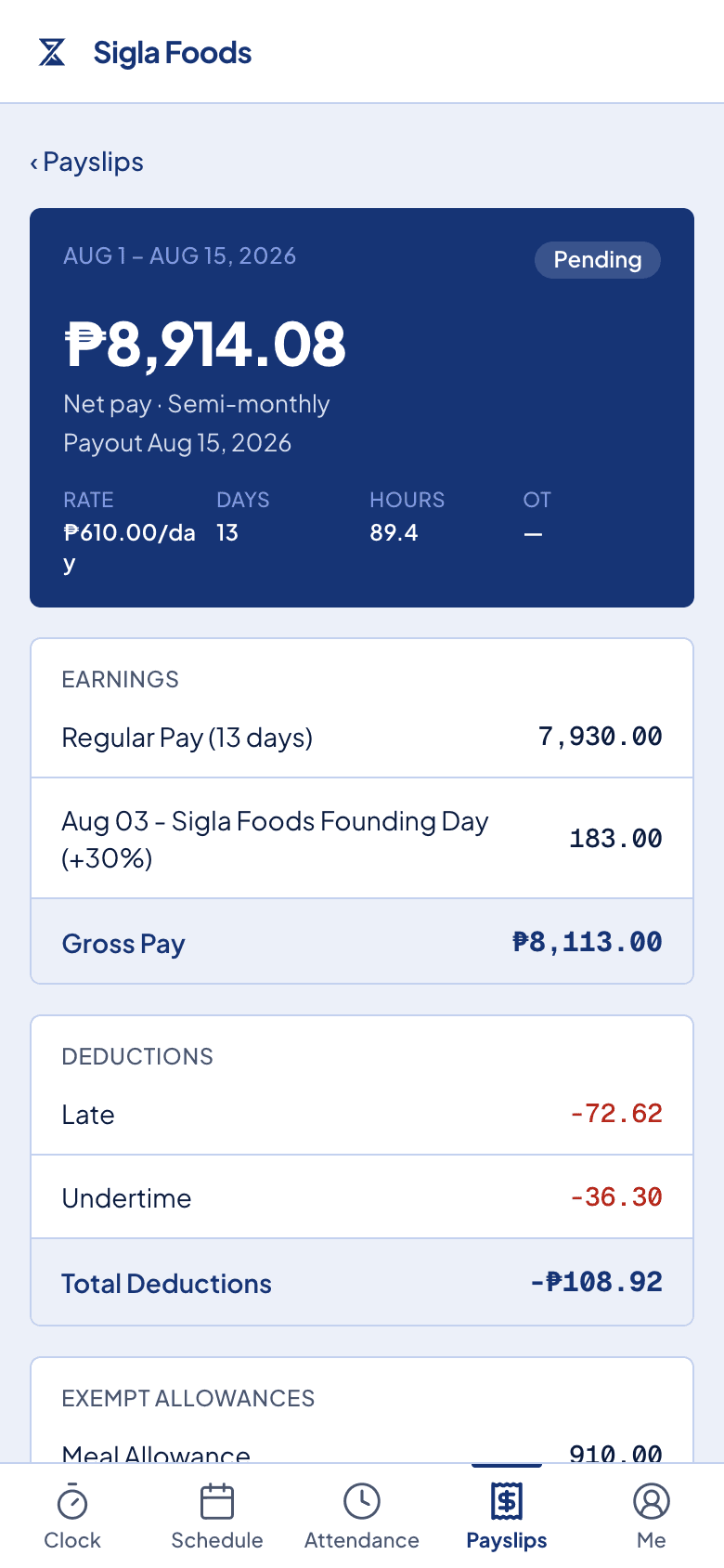 A payslip on a phone, with each earning and deduction listed and the rule that applied