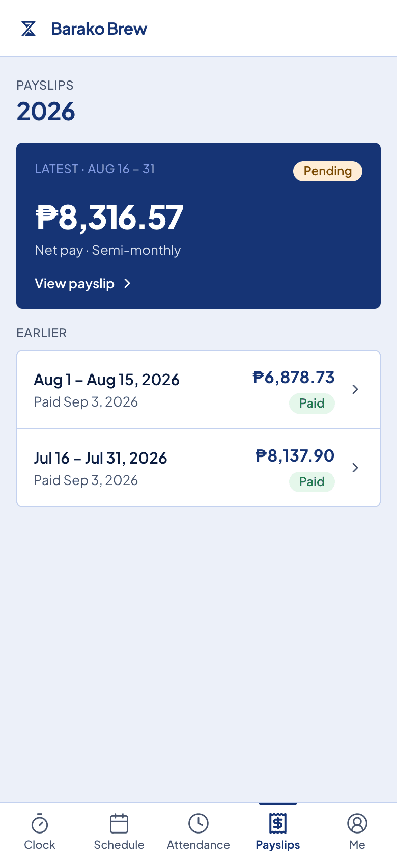 The employee portal on a phone, listing each period's payslip