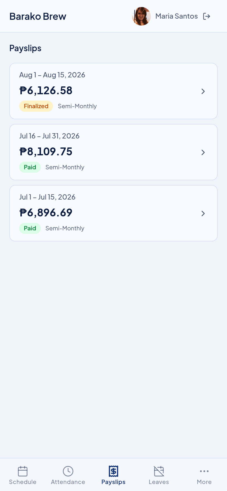 The employee portal on a phone, listing each period's payslip