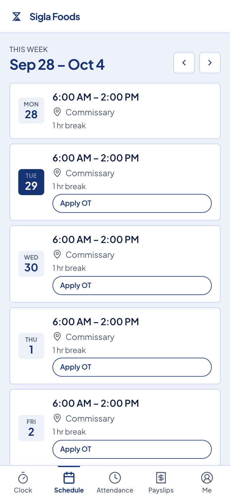 The employee portal on a phone, showing this week's hours day by day
