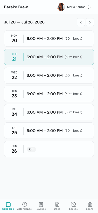 Timekeep employee portal schedule view
