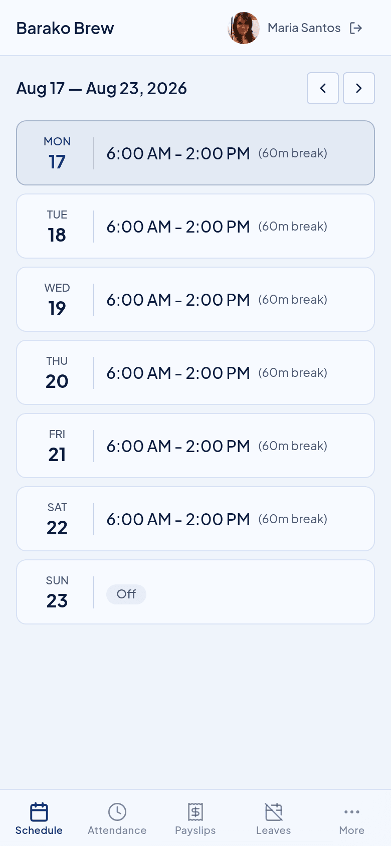 Timekeep employee portal showing weekly schedule with shift times and rest days