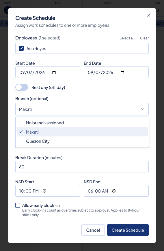 The Branch (optional) menu in Create Schedule offers No branch assigned, Makati, and Quezon City.