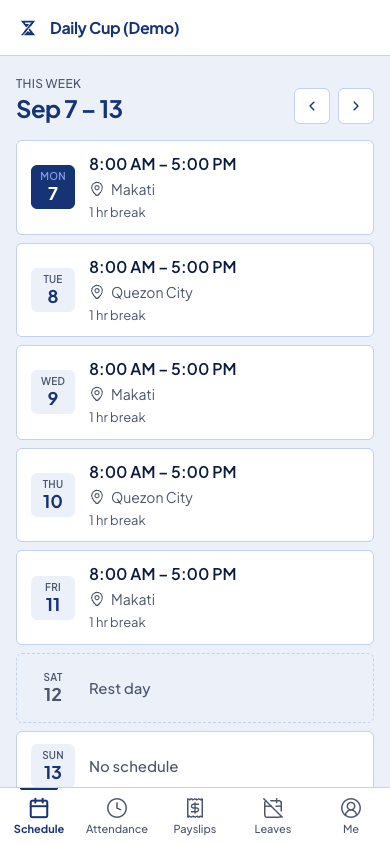 Ana’s employee portal shows Makati on Monday and Quezon City on Tuesday, below each day’s 8 AM–5 PM shift.