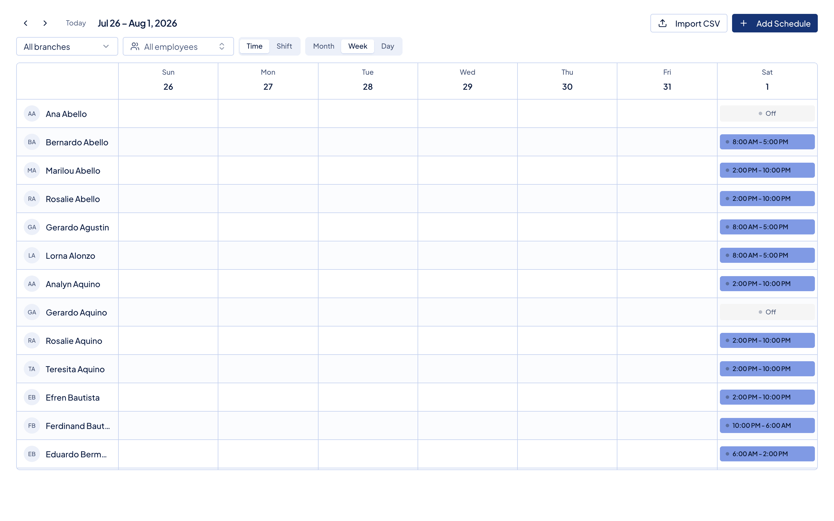 A weekly schedule with each employee's hours laid out across the week