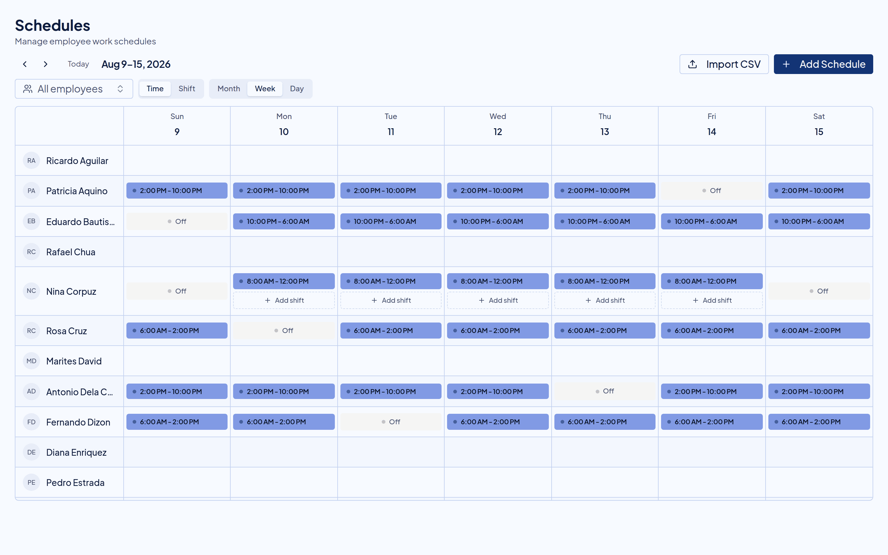 Timekeep schedules calendar showing weekly staff schedule
