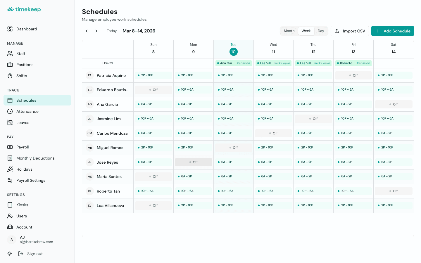 Timekeep weekly schedule view with shifts, rest days, and leaves