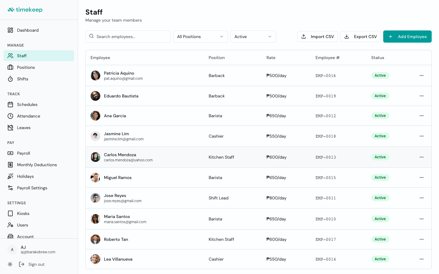 Staff list with employee details