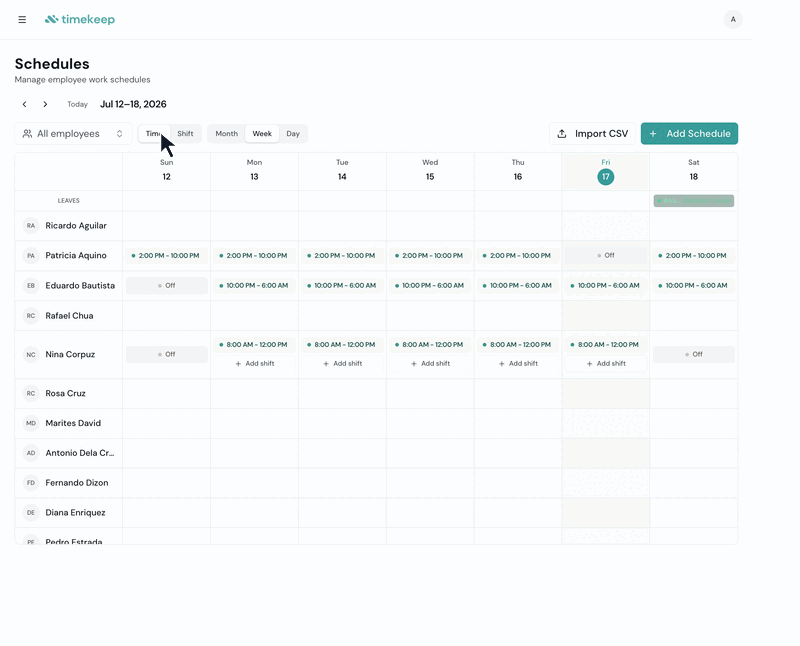 See Shift Names on the Schedule Calendar